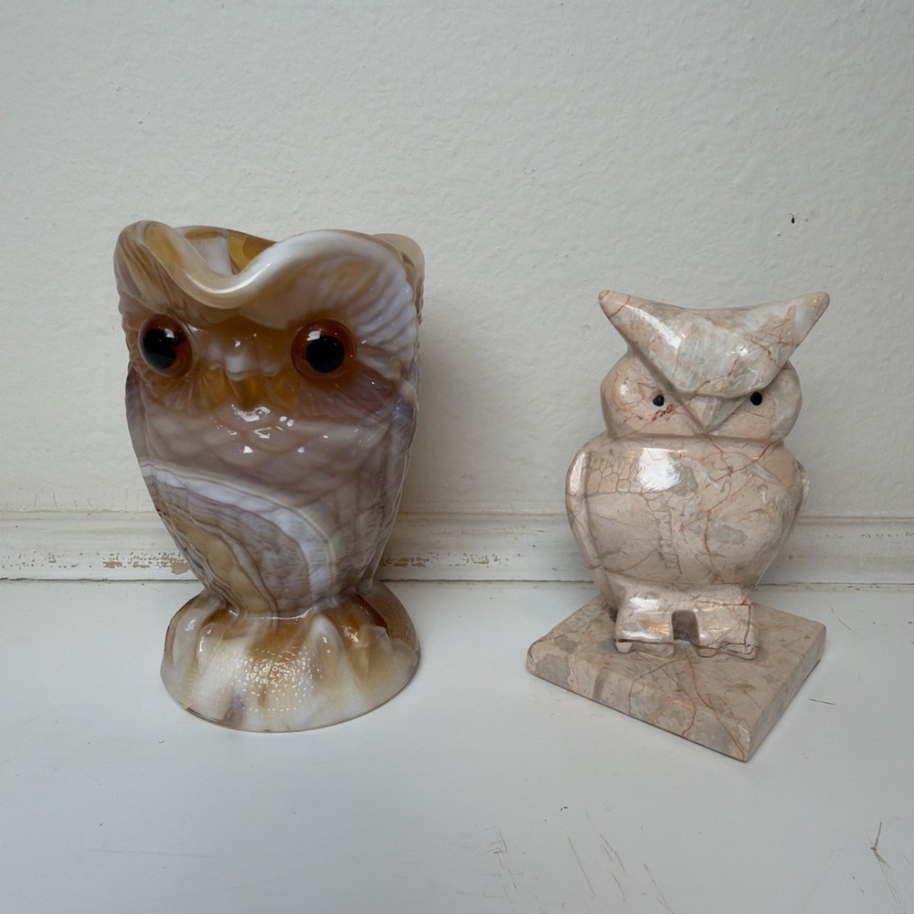Hand Carved Owls Onyx/agate and Pink Marble Figurines Natural Gemstone Crystals‎